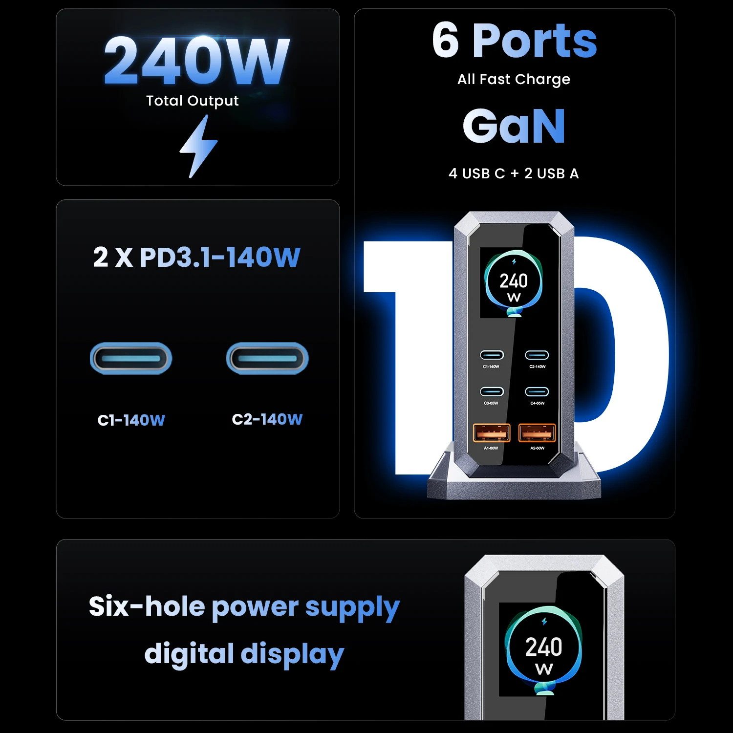 ASOMETECH Carregador GaN 240W 6 em 1 PD 3.1 com Display - Imagem 2