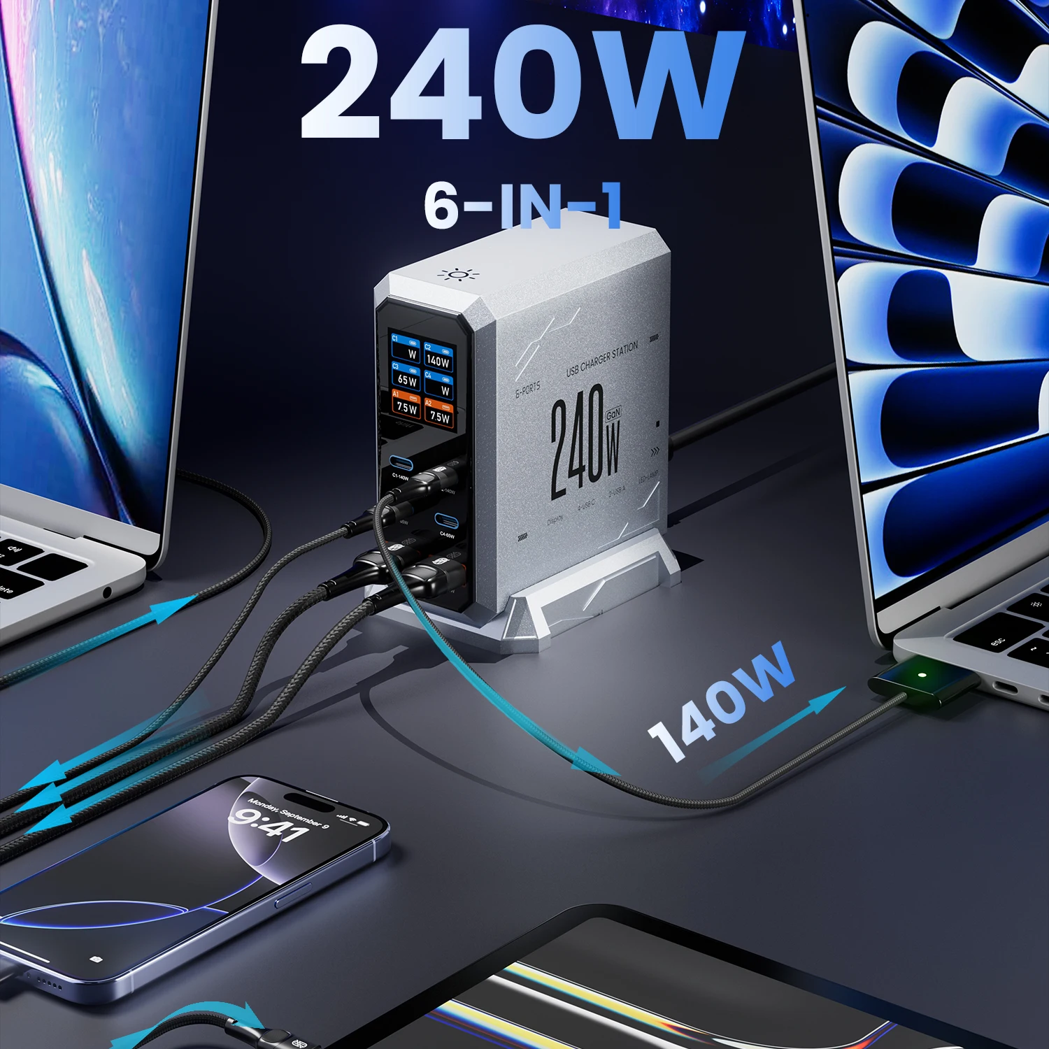 ASOMETECH Carregador GaN 240W 6 em 1 PD 3.1 com Display - Imagem 4