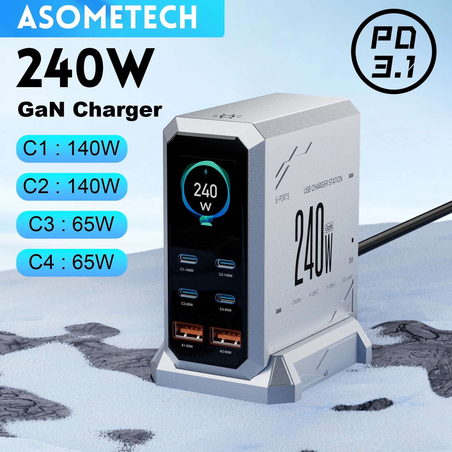 ASOMETECH Carregador GaN 240W 6 em 1 PD 3.1 com Display