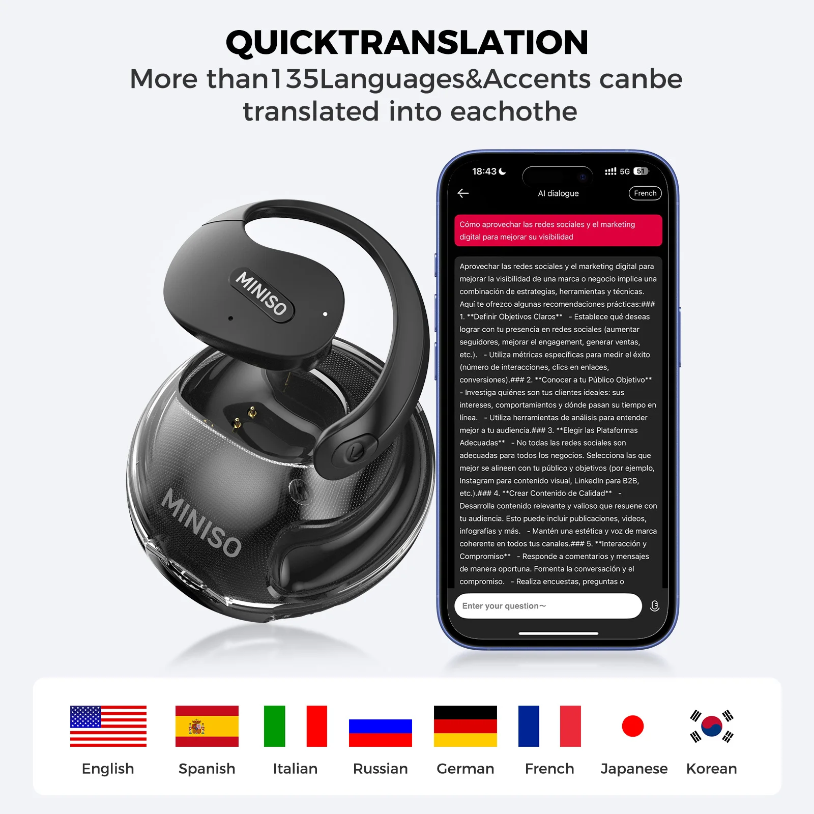 Fone Tradutor MINISO X15 Pro Bluetooth 5.4 com Áudio Hi-Fi - Imagem 2
