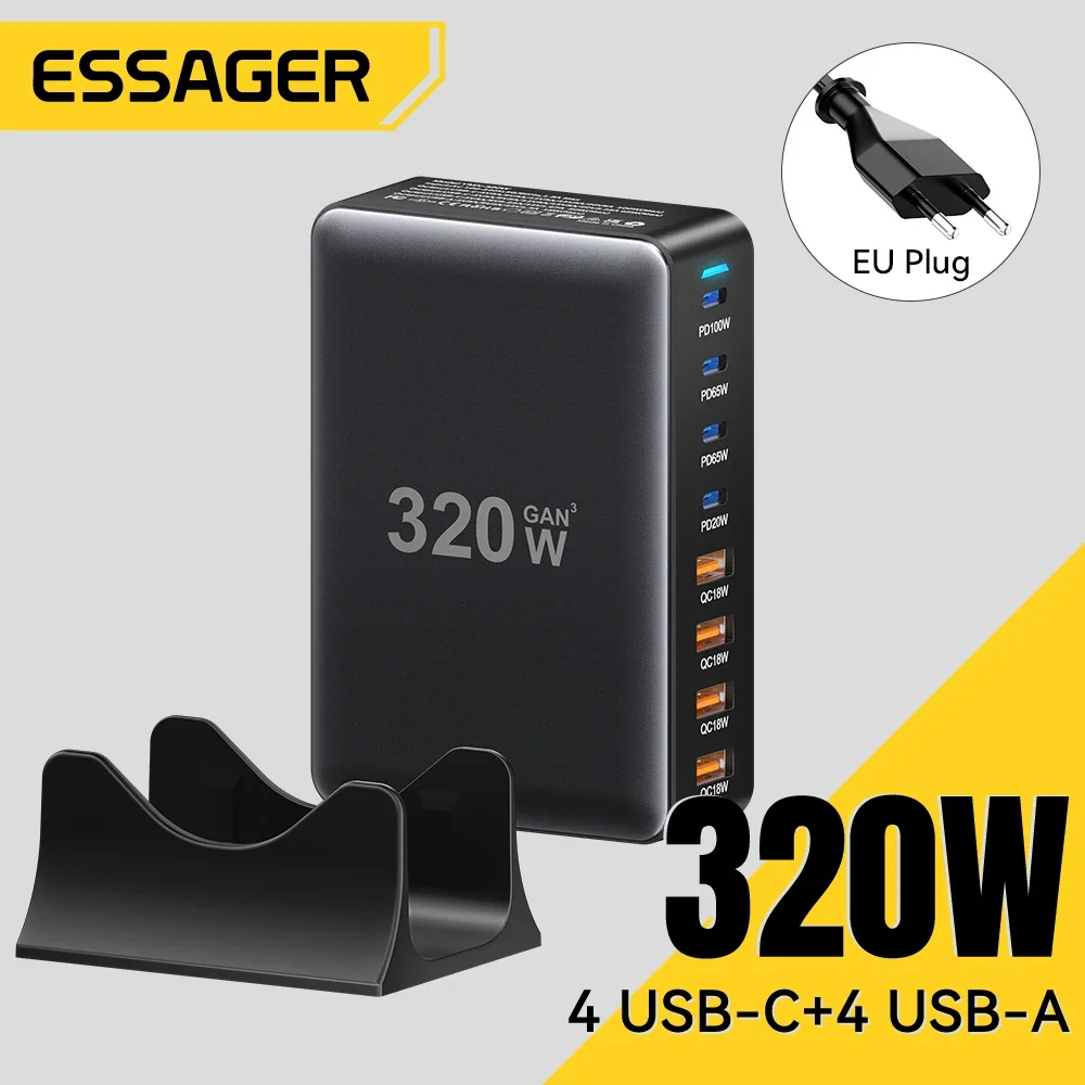 Carregador de Mesa ESSAGER GaN 320W 8 Portas USB-C e USB-A | PD 100W para Notebook, MacBook, iPhone e Samsung