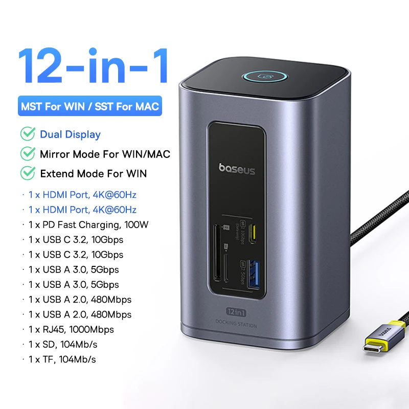 Baseus Nomos NU1 Air Hub USB-C 12 em 1 Dual HDMI 4K 60Hz - Imagem 6