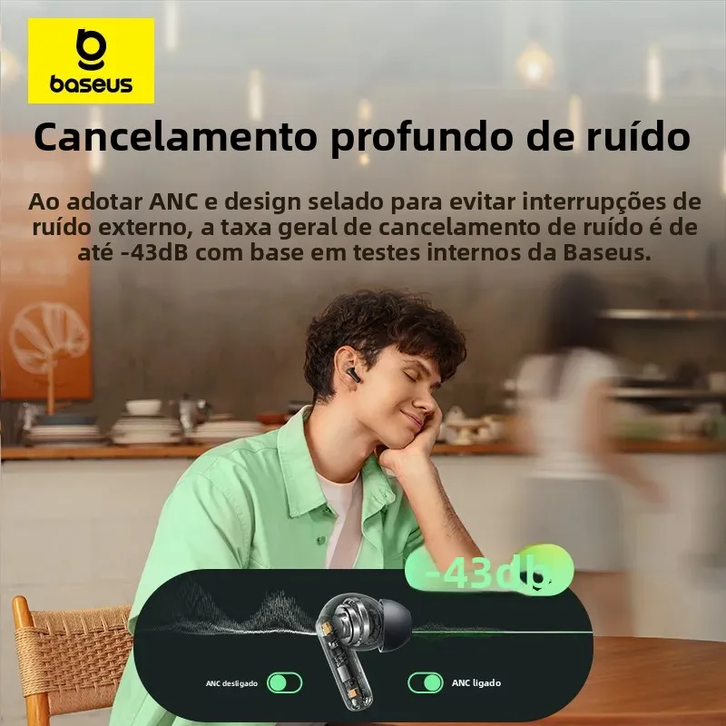 Baseus Bass EP10 NC ANC 43dB Bluetooth 6.0 com 4 Microfones - Imagem 2